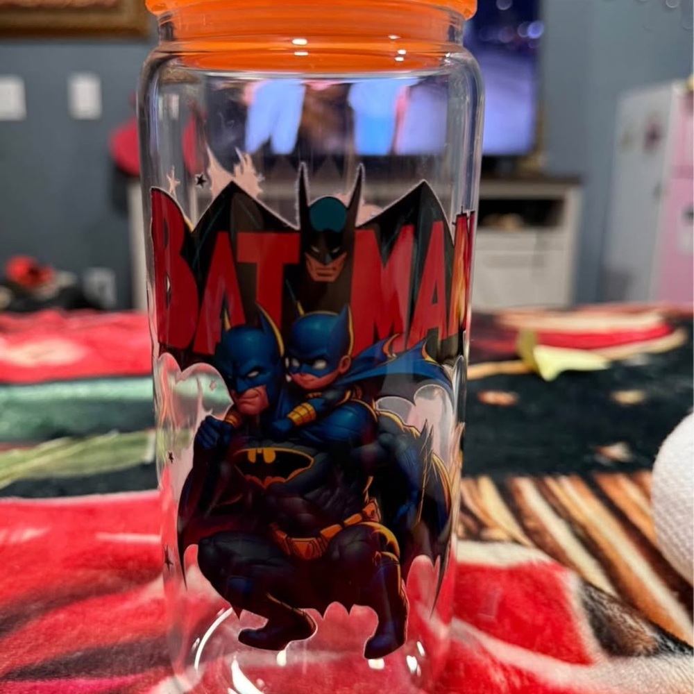 Batman Themed Clear Water Bottle with Orange Lid